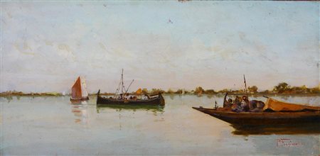 ANONIMO Marina. Olio su tavola. Cm 42,00 x 20,60. Firma in basso a destra....