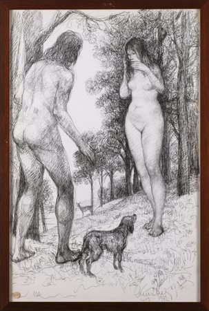MUSITELLI GIULIO VITO (1901 - 1990) Adamo ed Eva. 1972. Biro nera su carta....