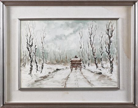 ANONIMO Paesaggio innevato con carrozza. Acquerello su carta. Cm 50,00 x...