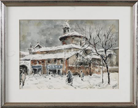 ANONIMO Paesaggio innevato. Acquerello su cartone. Cm 34,00 x 24,00. Firma...