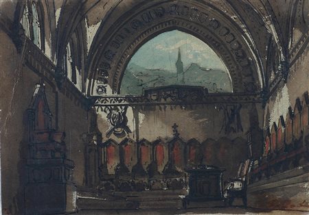 ANONIMO Interno di chiesa. Tecnica mista su cartone. Cm 24,00 x 17,00. Firma...