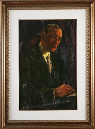 ANONIMO DEL XX SECOLO Ritratto di uomo con occhiali. Olio su tavola. Cm 41,00...