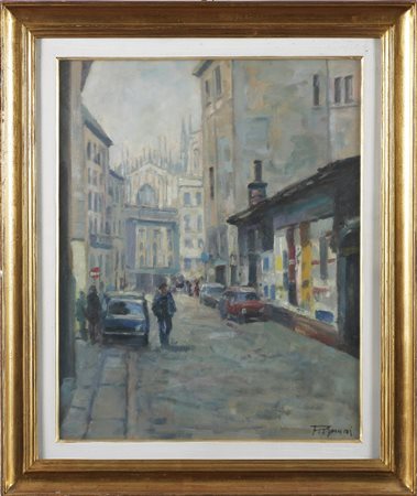 FERGNANI CORRADO (1910 - 1986) Via Laghetto, Milano. 1973. Olio su tavola. Cm...