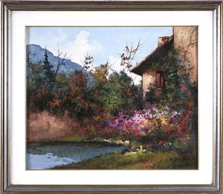 BERTULLI FRANCO (1932 - 1998) Paesaggio con casa sulla destra. Olio su...