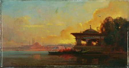 ANONIMO Costantinopoli al tramonto. Olio su tela . Cm 41,00 x 22,00. Firma in...