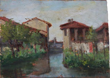 ANONIMO Paesaggio con fiume e case. olio su tavoletta. Cm 24,00 x 17,30....