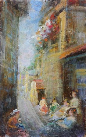 ANONIMO Vicolo con personaggi. olio su tavoletta. Cm 9,00 x 15,00. Firma in...