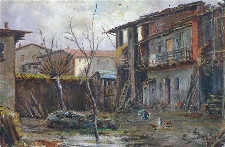 BORSA EMILIO (1857 - 1931) Cortile di cascina. olio su tavoletta. Cm 32,80 x...