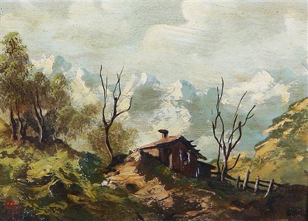 ANONIMO Paesaggio montano con casa. olio su tavoletta. Cm 19,00 x 13,80....