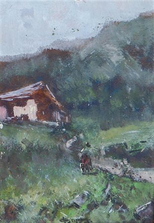 ANONIMO Paesaggio montano. olio su tavoletta. Cm 14,20 x 19,50. Firma in...