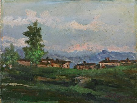 BARZANTI LICINIO (1857 - 1944) Paesaggio di campagna con case. olio su...