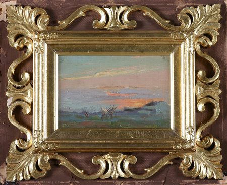 ANONIMO Paesaggio al tramonto. olio su tavoletta. Cm 14,00 x 9,00. Sigla in...