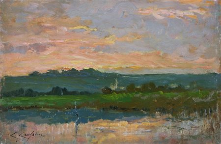CRESSINI CARLO (1864 - 1938) Paesaggio al tramonto. olio su tavoletta. Cm...