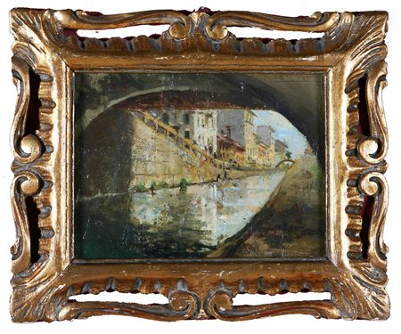 ANONIMO Veduta di canale da sotto un ponte. olio su tavoletta. Cm 24,00 x...