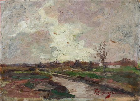BARZANTI LICINIO (1857 - 1944) Paesaggio con fiume. olio su tavoletta. Cm...