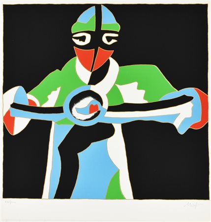 Ugo Nespolo IL MOTOCICLISTA serigrafia su carta, cm 54x50; es. 698/1000 firma