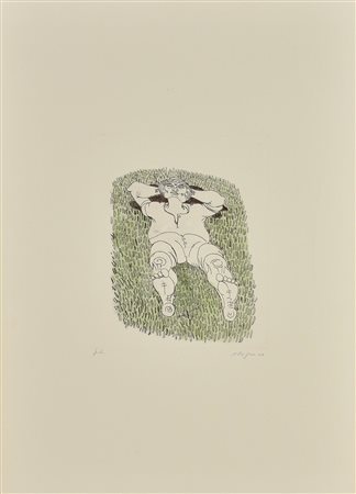 Giuseppe Migneco SUL PRATO Acquaforte-Acquatinta a colori, mm 295x245, su...