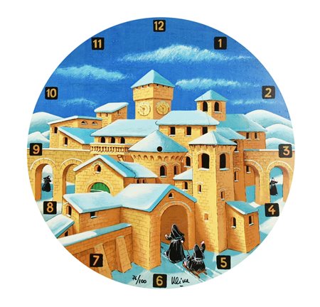 Ulisse OROLOGIO serigrafia su legno, cm 49,5x49,5; es. 76/100 firma e...