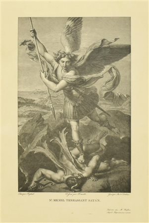 Ignoto ST. MICHEL TERRASSANT SATAN xilografia su carta da opera di Raffello,...