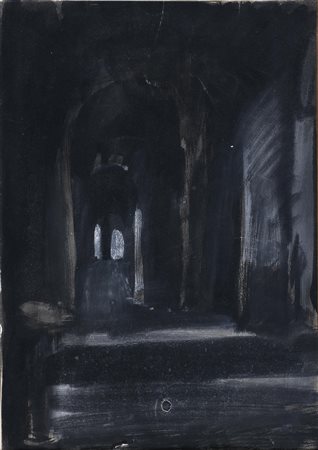 SIRONI MARIO (1885 - 1961) Interno di Cattedrale. Gouache e carboncino su...