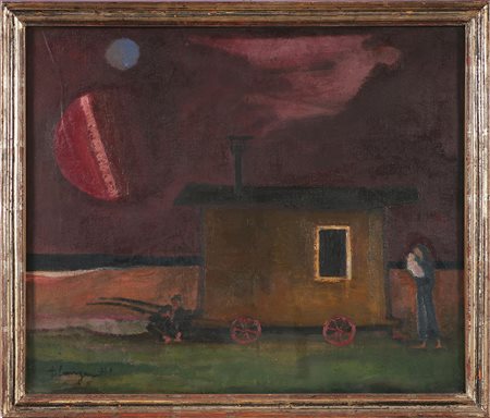 LONGARETTI TRENTO (n. 1916) Il carrozzone degli zingari. Olio su tela . Cm...