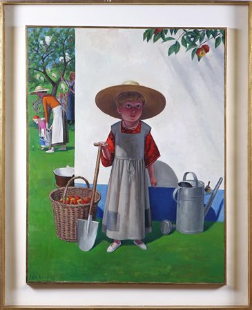 KNAP JAN (n. 1949) Bimba con badile e mele. 2001. Olio su tela . Cm 70,00 x...