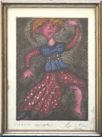 Enrico Baj "Danzatrice" 1980
acquaforte a colori
(lastra cm 29x20,5; foglio cm 3