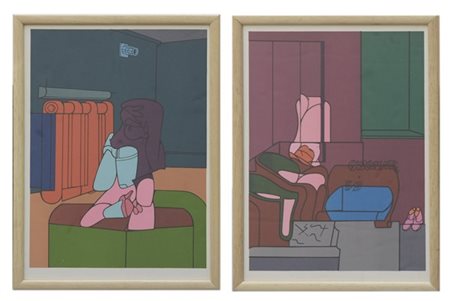 Valerio Adami "Senza titolo" 
Lotto composto da due litografie a colori
cm 38x27