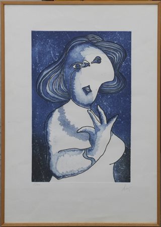 Enrico Baj "Dama in blu" 
acquaforte acquatinta a colori
(lastra cm 49x32; fogli