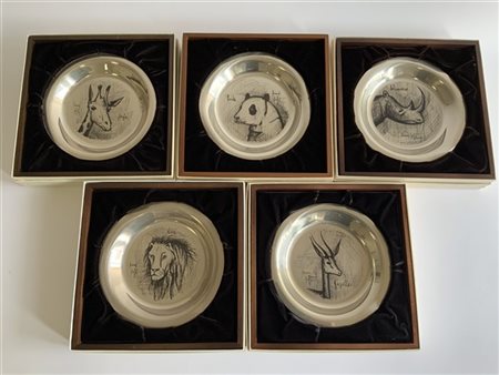 Bernard Buffet "Girafe" "Rhinoceros" "Panda" "Gazelle" "Lion" 
cinque piatti in