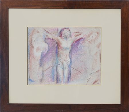 Aligi Sassu "Crocifissione" 
pastelli colorati su carta
cm 34,4x44,2
firmato in