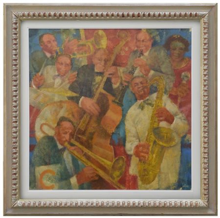 Remo Squillantini "Jazz Band" 
olio su tavola
cm 80x80
firmato in basso a destra
