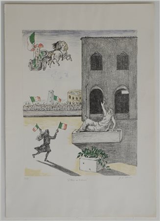 Giorgio de Chirico "L'Italia del Centenario" 1971
litografia a 3 colori
cm 100x7