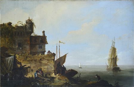 Scuola Francese, XVIII sec. Marina con ruderi e pescatori