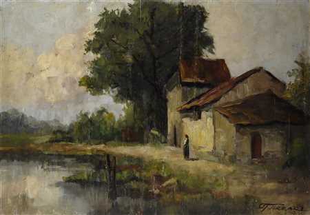 Arturo Ferrari (1861-1932) Cascina sul canale con contadina