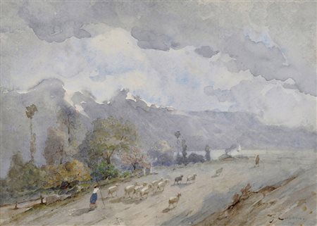 Filippo Carcano (1840-1914) Paesaggio montano con pastorella e gregge