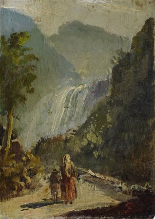 Antonio Sminck Pitloo (1791-1837) Paesaggio con cascata e figure