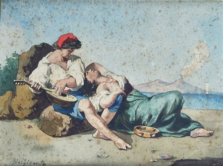 Giacinto Gigante (1806-1876) Musicanti con sfondo del Vesuvio
