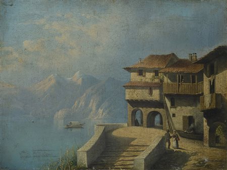 Giuseppe Canella (1788-1847) Paesaggio sul lago con case e figure