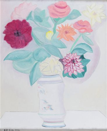Giuseppe Cesetti (Tuscania (Vt) 1902-1990), Vaso di fiori e zinie, 1973