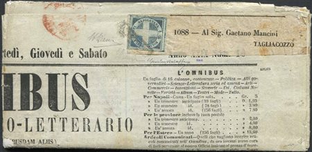 Napoli, Luogotenenza. "Croce di Savoia" (S.16) su giornale completo "l'Omnibus" del 5 Febbraio 1861 per Tagliacozzo., 