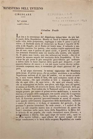 REPUBBLICA ROMANA, circolare di due pagine (cm 31x21) del Ministro dell'Interno Aurelio Saffi del 25 febbraio 1849,, 