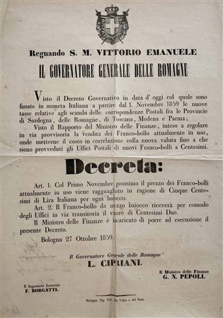 1859, Decreto del Governatore Generale delle Romagne Cipriani, dato in Bologna il 27 ottobre 1859, 