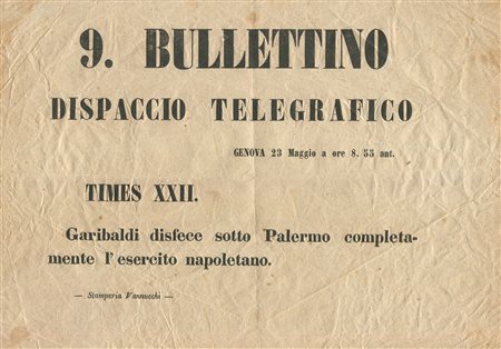 1860, SARDEGNA, “9. BULLETTINO-DISPACCIO TELEGRAFICO”, volantino edito a Genova il 23 maggio 1860, 