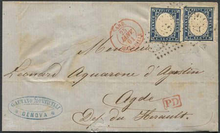 NAVIGAZIONE, 1861, Sardegna, lettera da Genova per Adge, Francia, del 24 gennaio 1861,, 