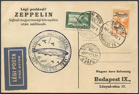 1931, Ungheria, cartolina affrancata con francobollo soprastampato “ Zeppelin” (Yv. PA 24), 