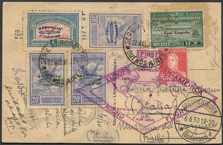 1930, Zeppelin, cartolina illustrata spedita via Zeppelin da B. Ayres per l’Italia, 