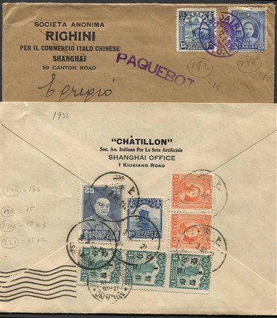 1932/33, China, Two envelope, one from Shanghai via Darien (30.7.1932) to Milano, Italy,, 