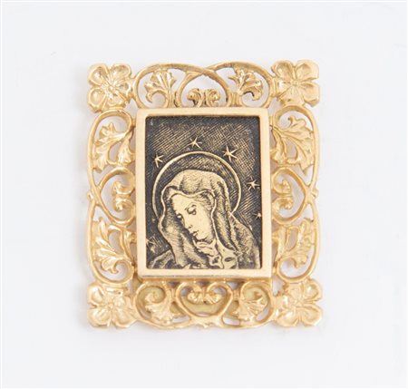 PICCOLA CORNICE IN ORO CON SOGGETTO RELIGIOSO. Traforata e incisa a motivi...