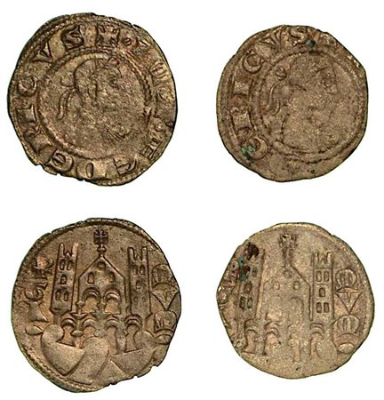 BERGAMO. Comune, a nome di Federico II (1194-1250)., Lotto di due esemplari. Denaro planeto, anni 1265-1270.